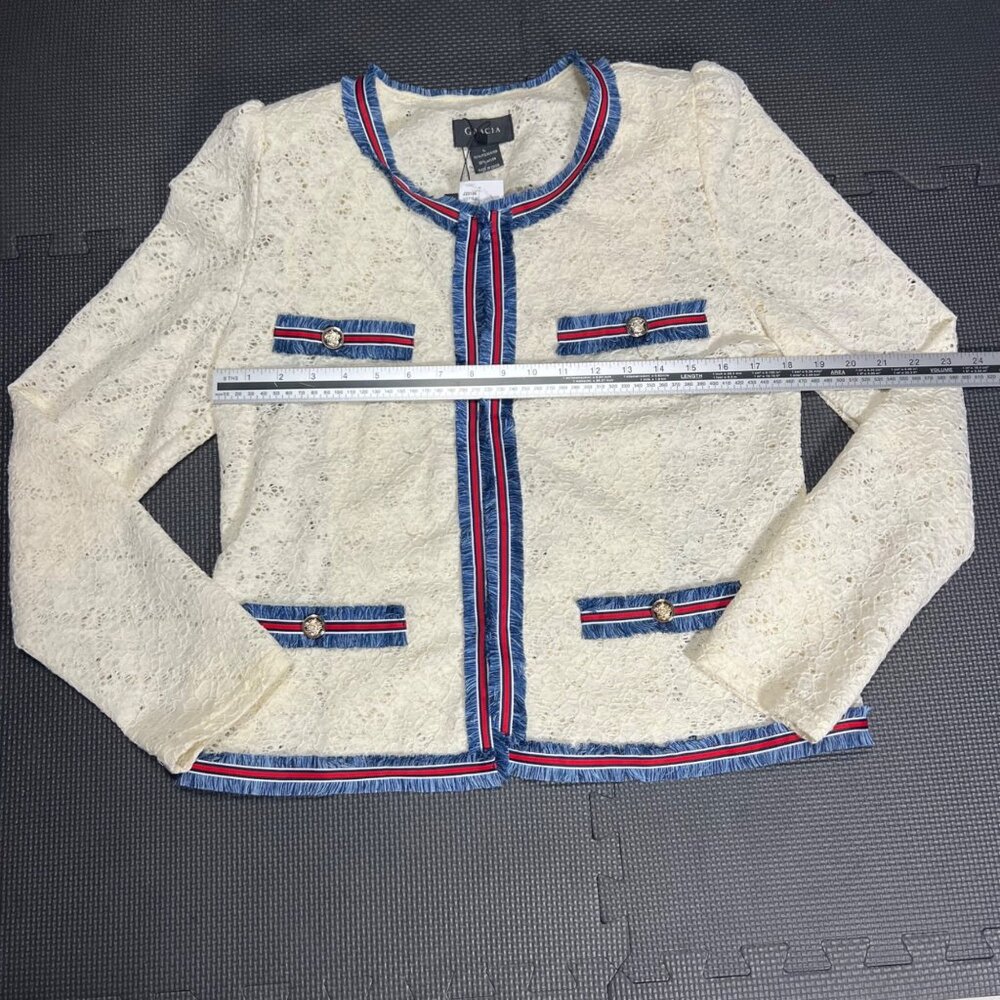 Gracia Womens Ivory Trim Lace Jacket L With Blue & Red Accent Trim - Picture 2 of 5